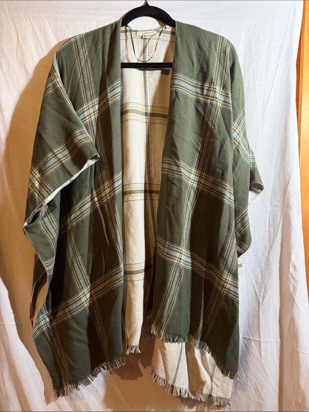 LOFT Olive Plaid Open Cape Poncho with Cream Interior and fringe bottom XL/XXL